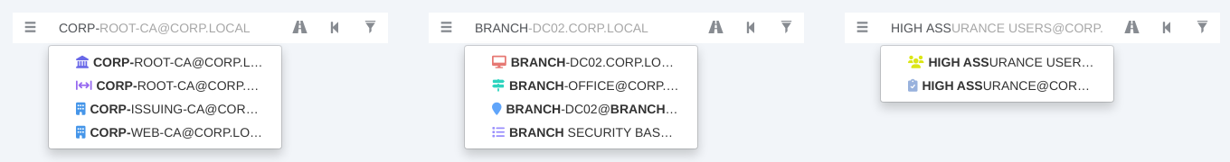 Search results showing icons for AD CS objects, sites and an issuance policy